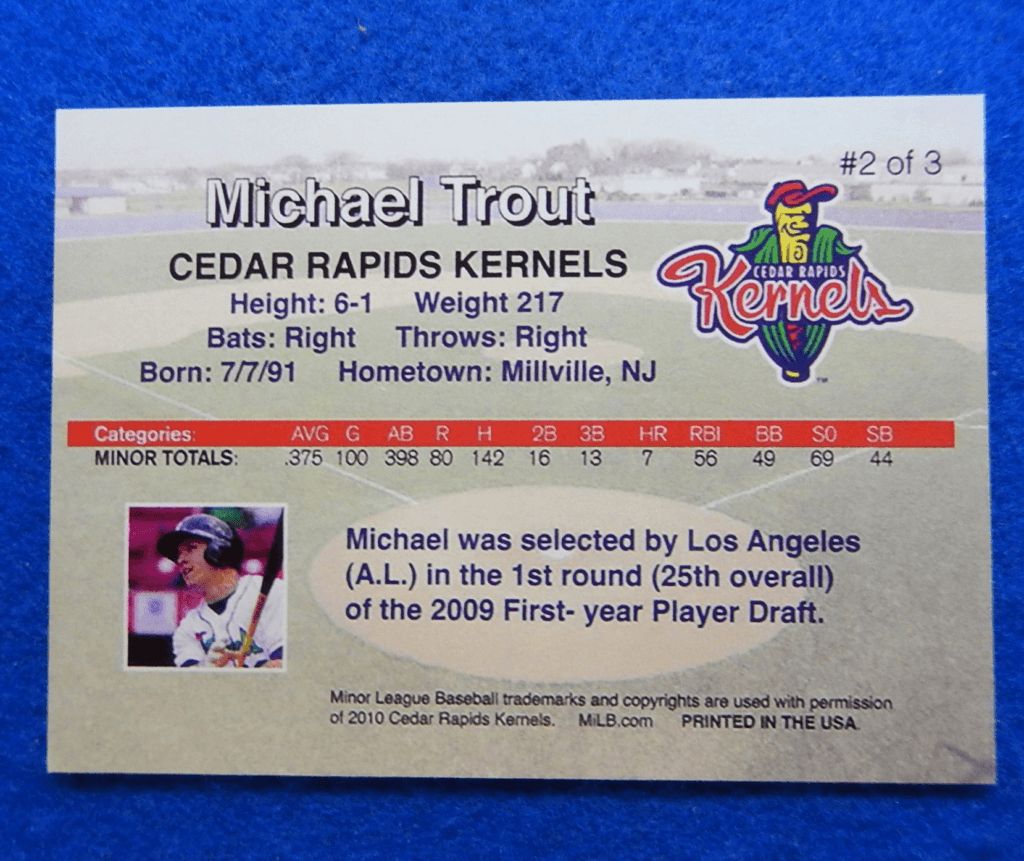 MIKE TROUT 2010 Cedar Rapids Kernels Rookie Official Minor League
