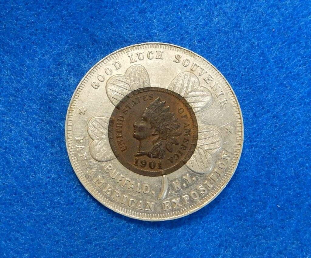 1901 Lucky Indian Head Penny Encased Token, Pan American Exposition ...