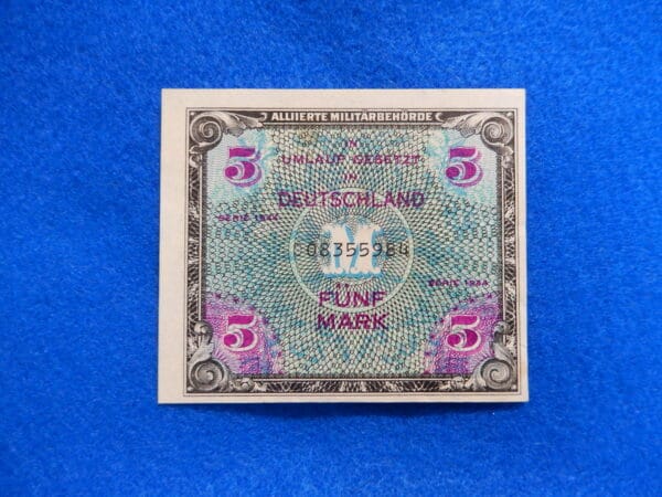 1944 5 Mark Germany Allied Military Currency WWII, CRISP AU