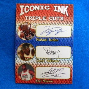 Michael Jordan Iconic Ink Triple Cuts Basketball Card w/Malone & Robinson